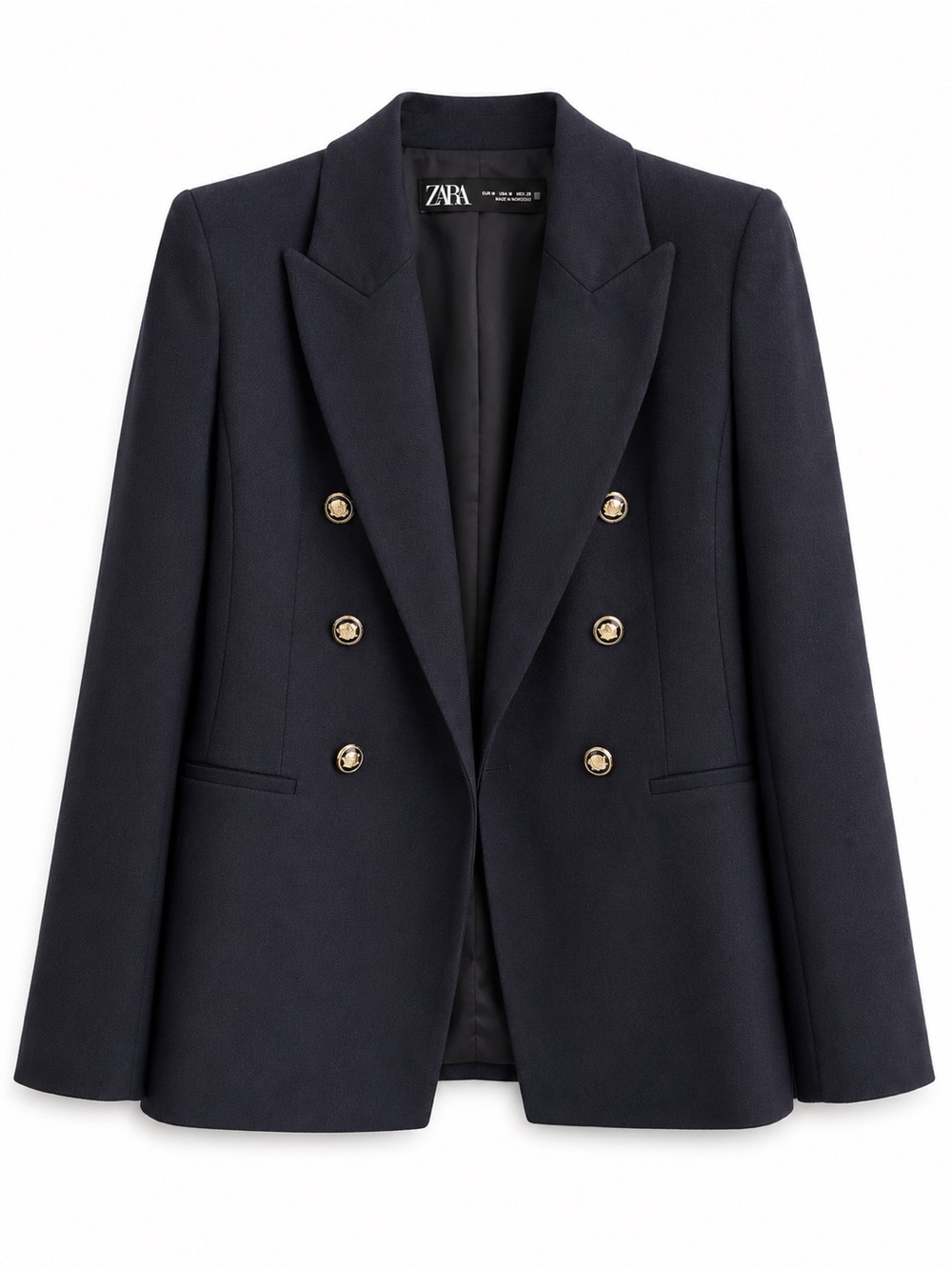 ZARA Navy Double Breasted Gold Button Tailored Blazer Women’s Large